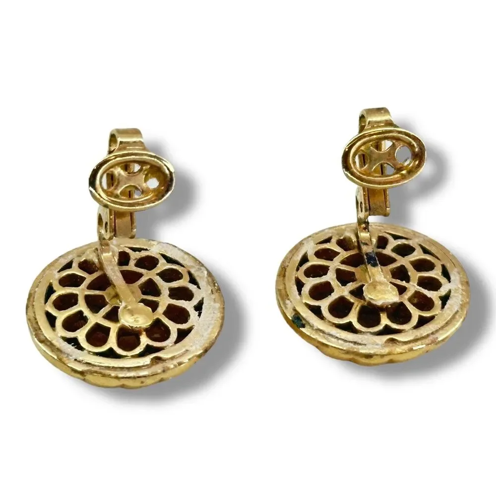 Vintage Crown Trifari Domed Earring Clip On Button Style Ribbed Gold Tone Signed